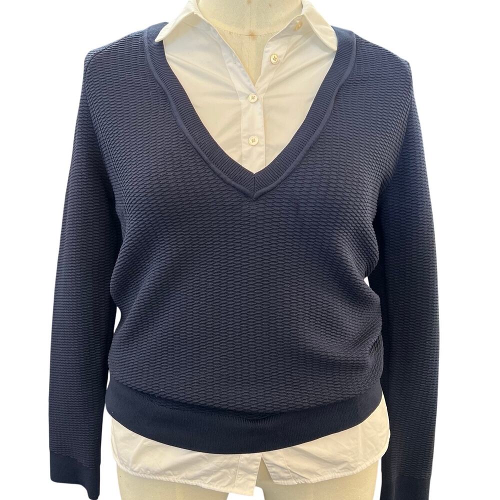 Tory Burch Large Blue Layered Sweater Faux Button Up Shirt Preppy Knit EUC